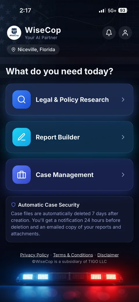 WiseCop home screen